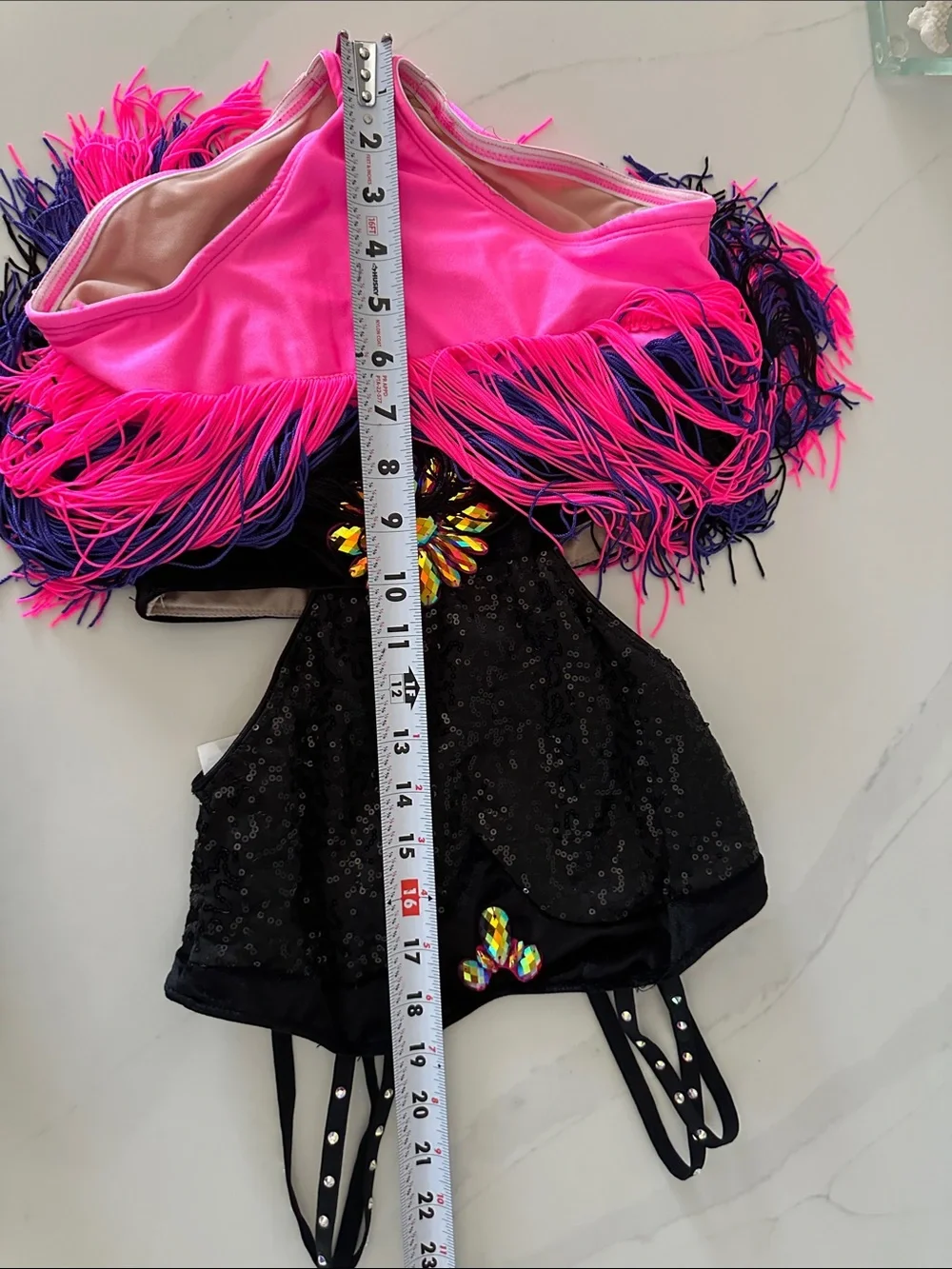 Black Sequin Dance Costume with Pink & Purple Fringe - Kids